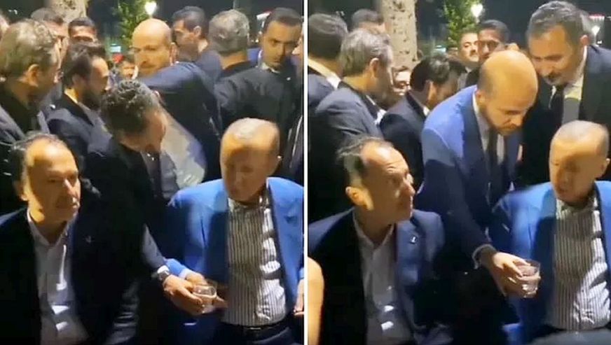 Cumhurbaşkanı Erdoğan'ın kendisine uzatılan bir bardak suya tepkisi dikkat çekti! Bilal Erdoğan uzatınca içti...