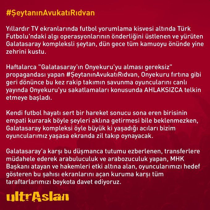 ultrAslan'dan NTV ve Rıdvan Dilmen'e 'Boykot Çağrısı!'
