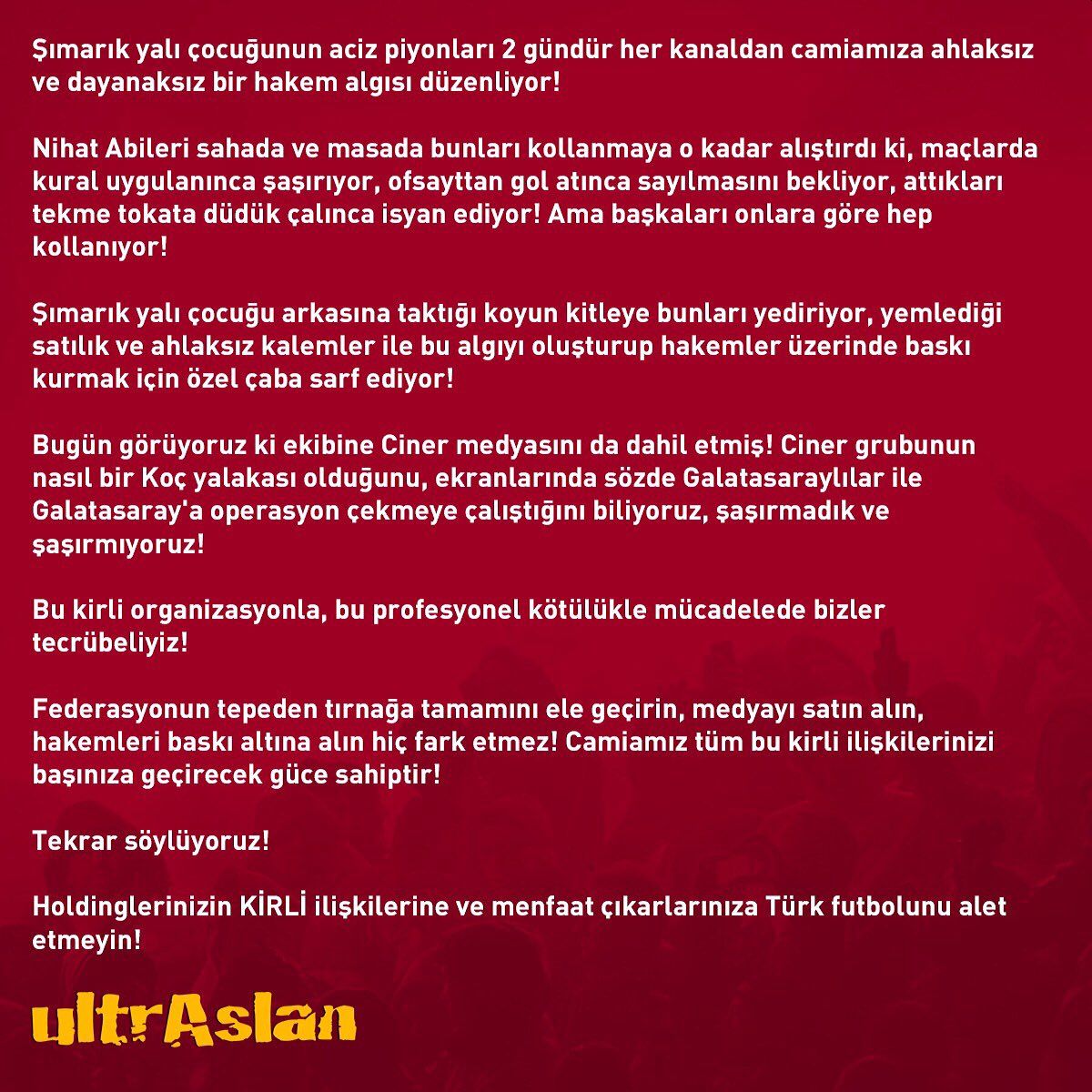 UltrAslan'dan, Fenerbahçe Başkanı Ali Koç'a Ağır Suçlama!