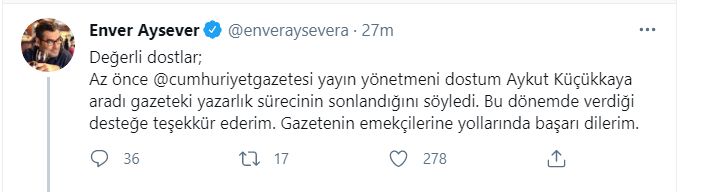 Cumhuriyet Gazetesi Enver Aysever'e Kapıyı Gösterdi!