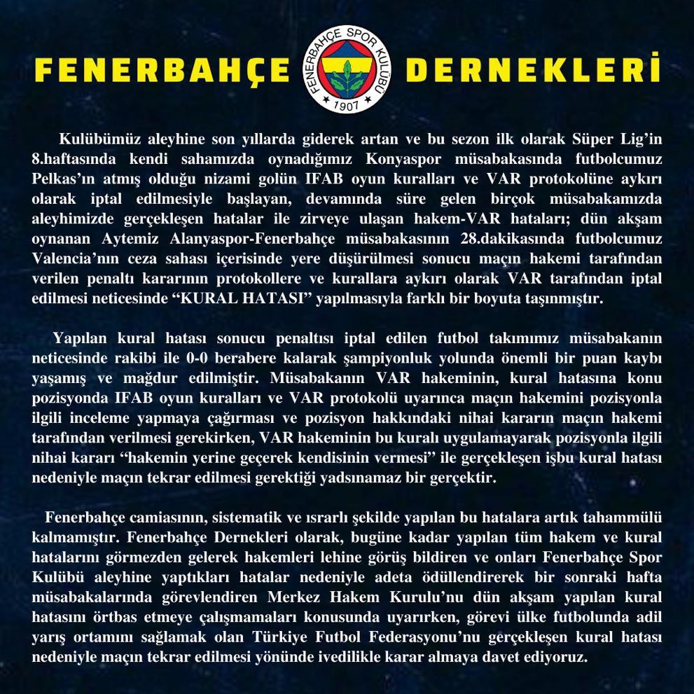 Fenerbahçe Dernekleri'nden TFF'ye; "Maçın tekrar edilmesi yönünde ivedilikle karar almaya davet ediyoruz"