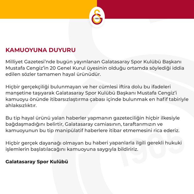 Galatasaray'dan Mustafa Cengiz Açıklaması: Hedefte Milliyet Gazetesi Var!