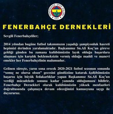 Fenerbahçe Dernekleri: "Sonuç ne olursa olsun, seçimde Ali Koç'u destekliyoruz"