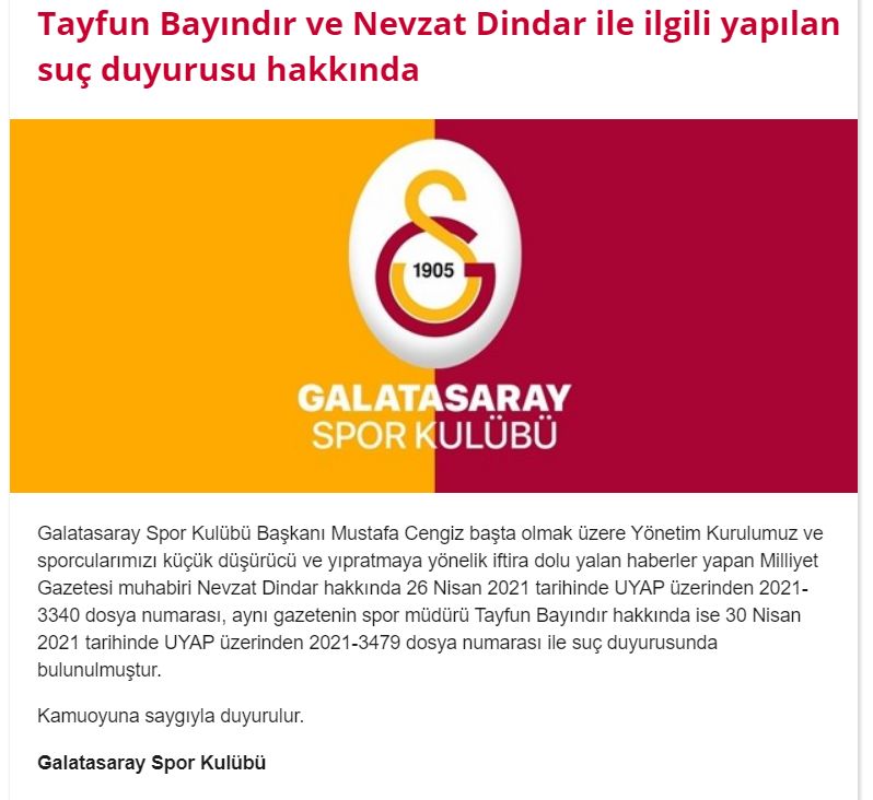 Galatasaray Tayfun Bayındır ve Nevzat Dindar ile ilgili suç duyurusunda bulundu!