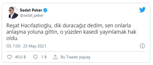 Peker: Hacıfazlıoğlu Soylu'yla anlaşmaya kalktı konuşmayı yayınladım!