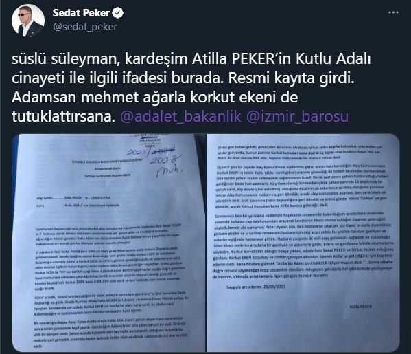 Sedat Peker, kardeşi Atilla Peker'in 'Kutlu Adalı cinayeti' ifadesini yayımladı, Süleyman Soylu'ya seslendi!
