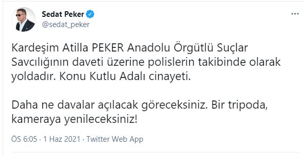 Kutlu Adalı cinayetine ilişkin açılan soruşturma sonrası Sedat Peker'den tweet!