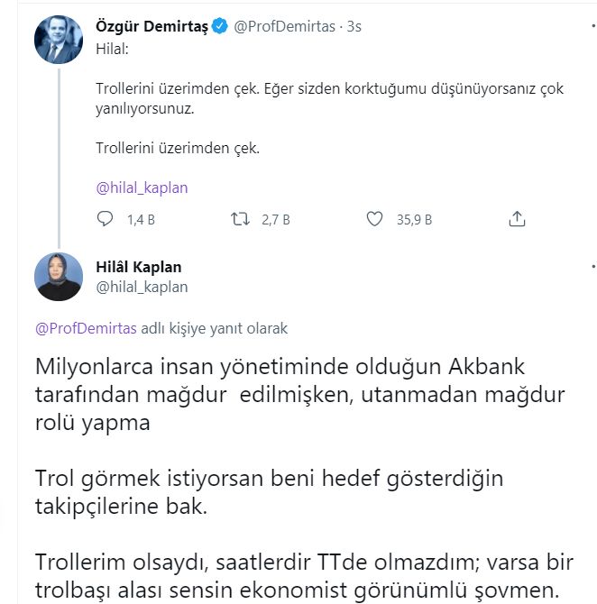 Ekonomist Özgür Demirtaş ile Sabah yazarı Hilal Kaplan Twitter'da birbirine girdi!