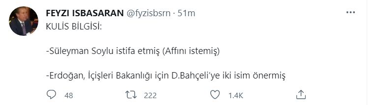 Feyzi İşbaşaran'dan İçişleri Bakanı Süleyman Soylu 'istifa etti' iddiası!