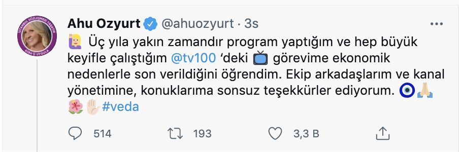 Gazeteci Ahu Özyurt'un TV100'deki işine 'ekonomik gerekçelerle' son verildi!