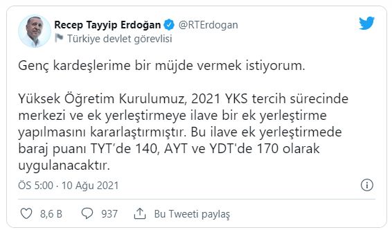 Cumhurbaşkanı Erdoğan istemişti: "YKS'de baraj düştü!"