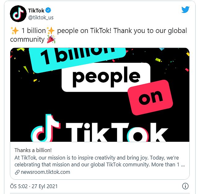TikTok, aylık 1 milyar kullanıcıya ulaştı..!
