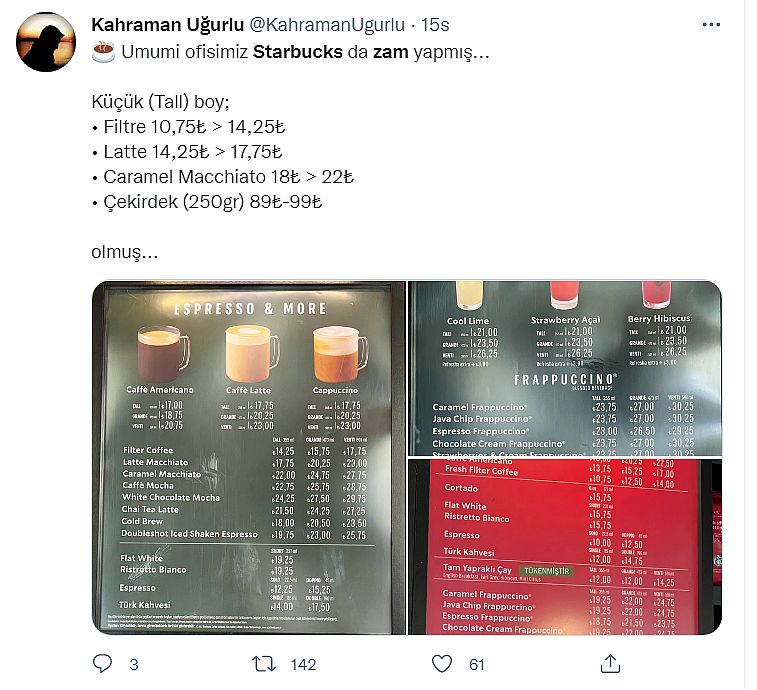 Starbucks'ta kahve fiyatlarına ve diğer ürünlere büyük zam iddiası... Sosyal medya karıştı, listeler paylaşıldı!