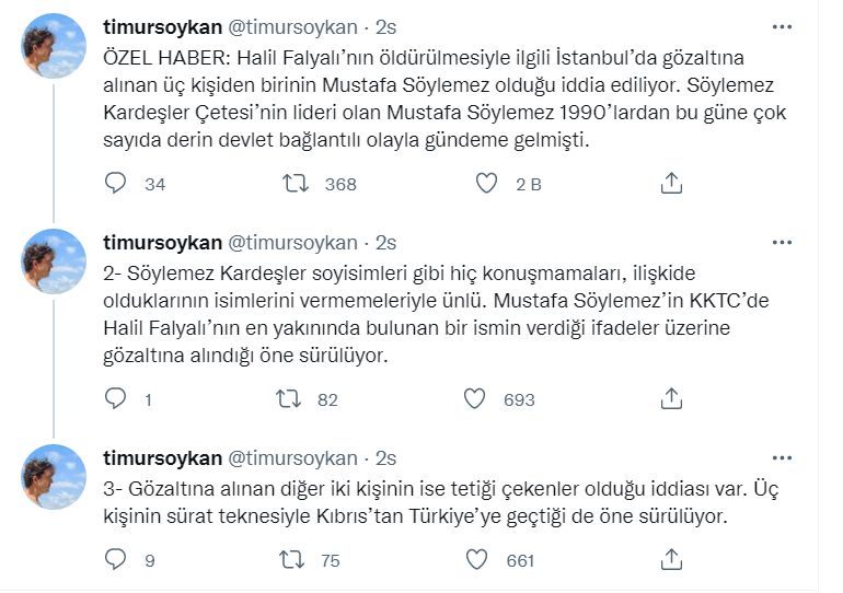 Gazeteci Timur Soykan: "Falyalı cinayetinde gözaltına alınan üç kişiden biri Mustafa Söylemez..."
