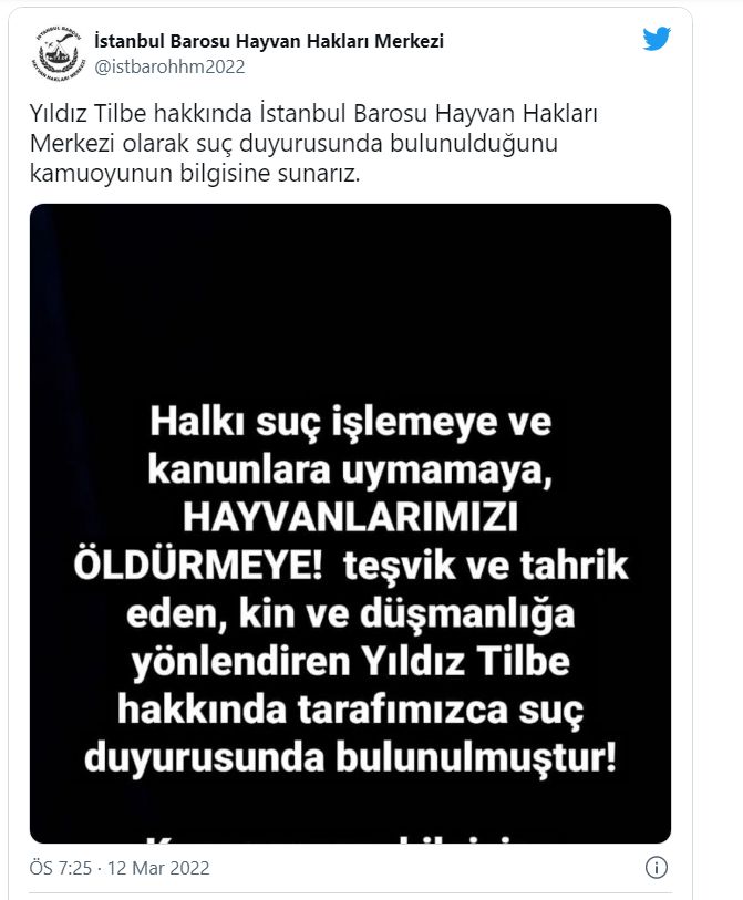 İstanbul Barosu Hayvan Hakları Merkezi'nden, Yıldız Tilbe hakkında suç duyurusu!