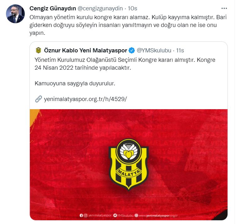 Y.Malatyaspor Başkanı Adil Gevrek'in istifa kararına Cengiz Günaydın'dan sert eleştiri “Olmayan yönetim kurulu kongre kararı alamaz!"